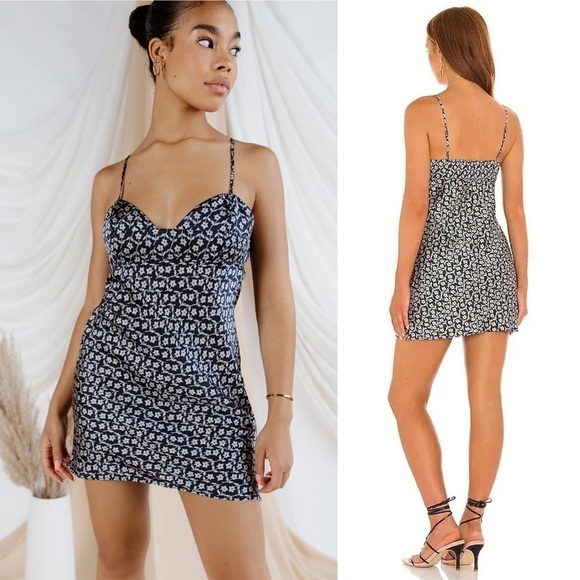 NWT‎ FREE PEOPLE 90s Y2K Floral Satin Sleeveless Mini Dress Smocked Back Slip M - Picture 4 of 11